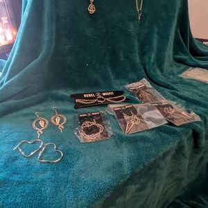 Rebel + Misfit Silver Tone Jewelry Lot - Teal Backdrop